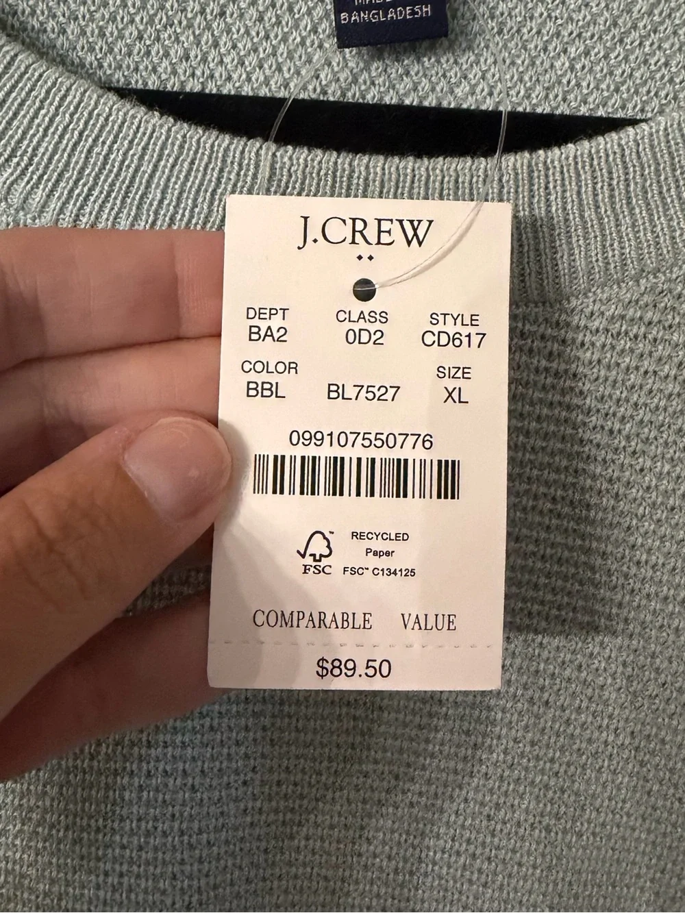 J. Crew Men’s Green Long Sleeve 100% Cotton Knit Crewneck Sweater Sz XL NWT